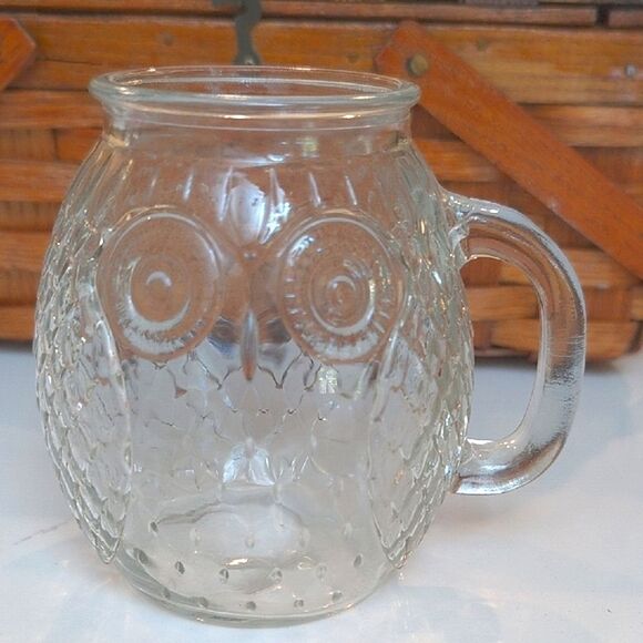 Vintage Clear Embossed Owl Design Glass Mug Decorative Jar - Picture 7 of 8